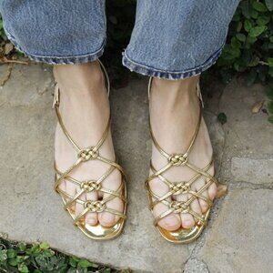 Doen Corsica Leather Sandals Gold 35 5 Low Heel Braided Brass Mirror